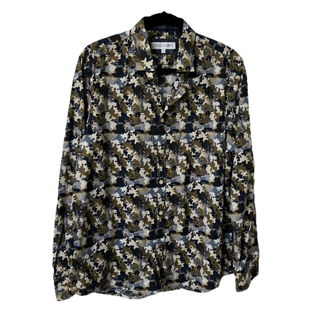 John‎ Lennon Button Up Shirt Mens L Multi Colour Camo Camouflage Cotton